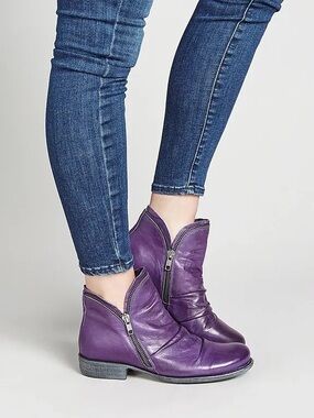 Miz Mooz Luna Purple Ankle Boot Short Leather Bootie Sz 10 Side Zip Low Heel